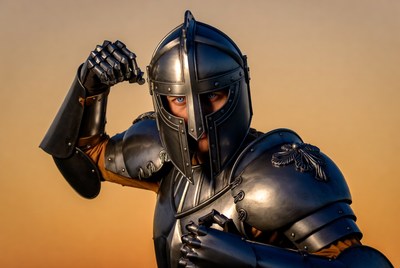Knight flexing bicep in armor