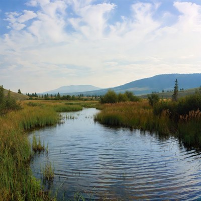 Serene river through grassy mountains