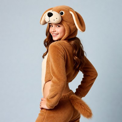 Girl in brown dog onesie costume