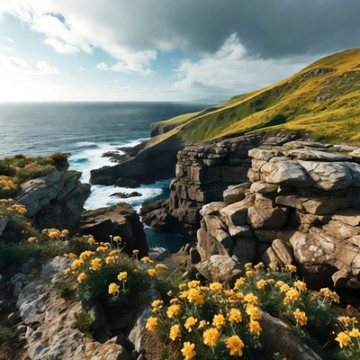 Cliffside with yellow flowers and ocean
