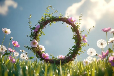 Wreath of pink flowers in grass
