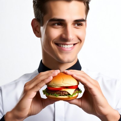 Handsome man holding burger