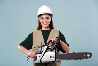 Woman holding chainsaw in safety gear