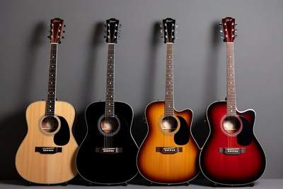 Four Acoustic Guitars Hanging on Wall