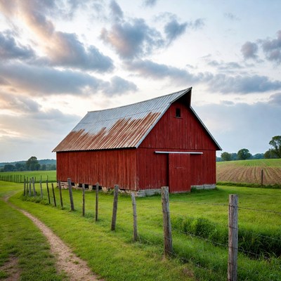Red Barn in Farm Field at Sunset