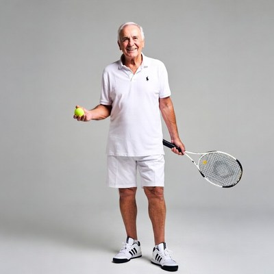 Elderly man holding tennis racket and ball