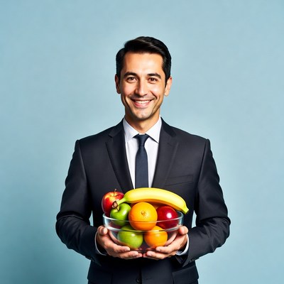 Man holding bowl of fruit