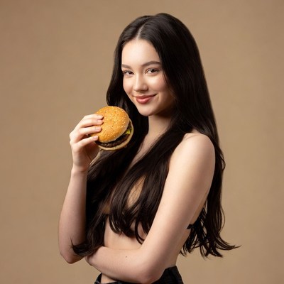 Asian woman holding burger