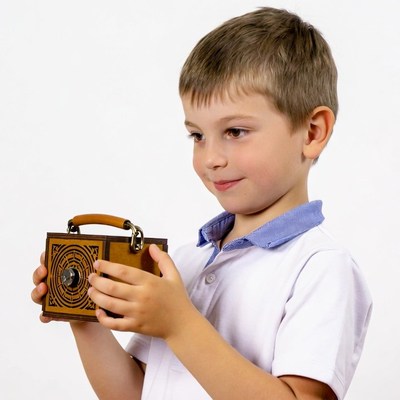 Boy holding wooden puzzle box