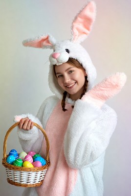 Girl in bunny costume holding Easter eggs