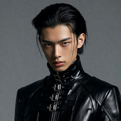 Asian man in black leather jacket