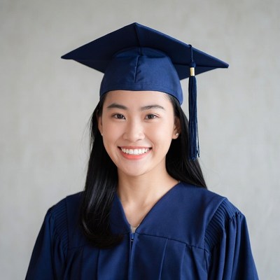Asian girl smiling in graduation gown