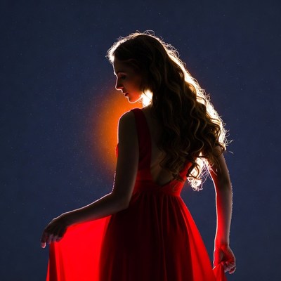 Silhouette of woman in red dress at sunset