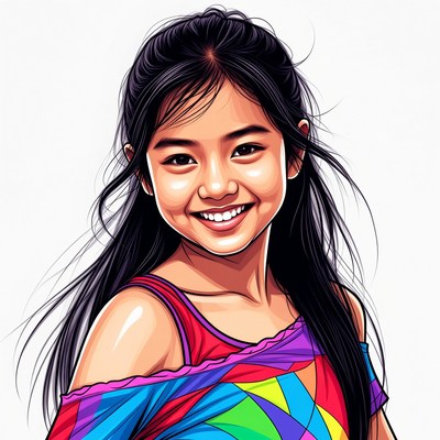Smiling Asian girl in colorful off-shoulder top