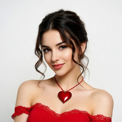 Woman wearing red heart necklace