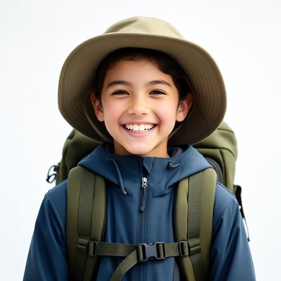 Asian boy in hat with backpack