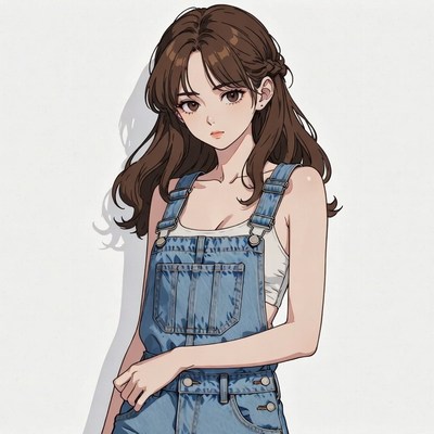 Anime girl in denim overalls