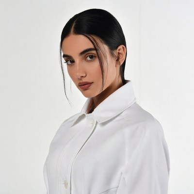 Woman in white collared shirt