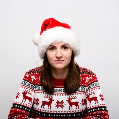 Woman wearing Santa hat and reindeer sweater