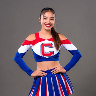 Asian cheerleader in red white blue uniform