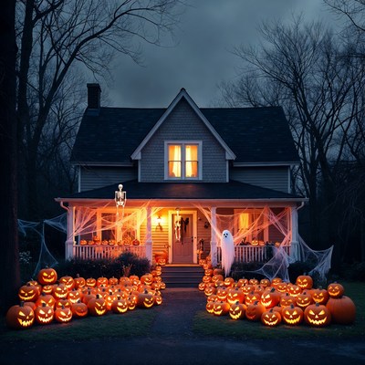 Halloween Haunted House with Pumpkins