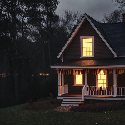 Halloween House with Lit Windows