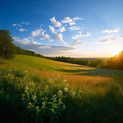 Green Hills at Sunset with Wildflowers
