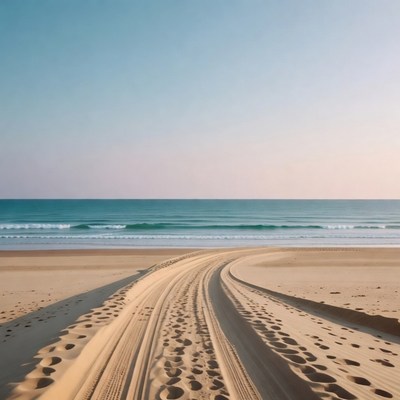 Tire Tracks on Beach to Ocean