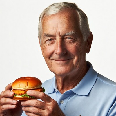 Elderly man holding chicken sandwich