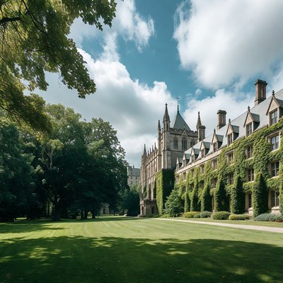 Gothic College Building with Ivy and Trees