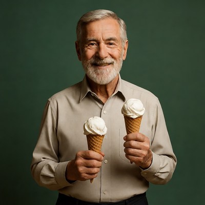 Elderly man holding two ice cream cones
