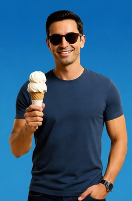 Man holding vanilla ice cream cone