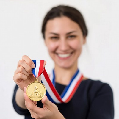 Smiling woman holding gold medal