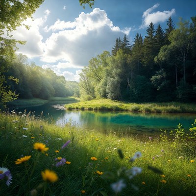 Sunny River in Lush Forest Meadow