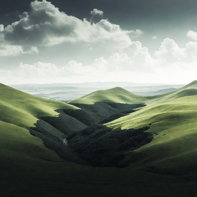 Green Rolling Hills Under Stormy Clouds