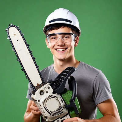 Young man holding chainsaw