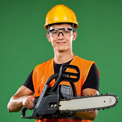 Young man holding chainsaw