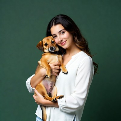 Woman holding cute dachshund dog