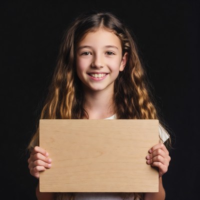 Girl holding blank wooden sign