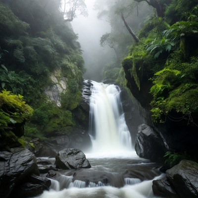 Misty Waterfall in Lush Forest