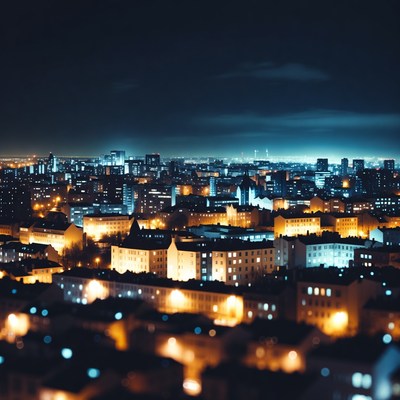 Night cityscape with glowing buildings