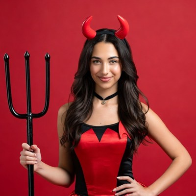 Woman in red devil costume with trident