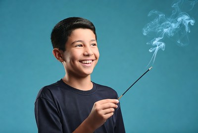 Boy holding lit incense stick