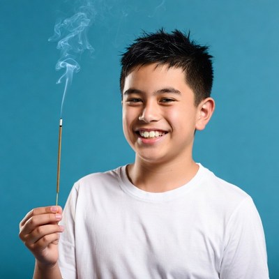 Asian boy holding incense stick
