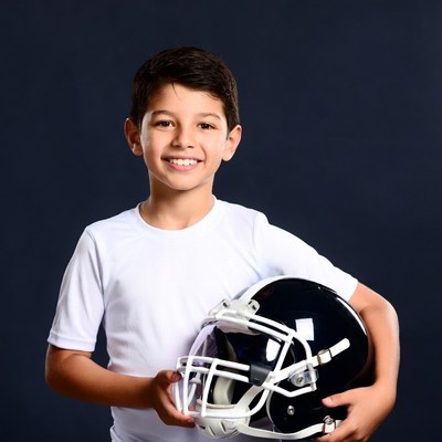Boy holding football helmet