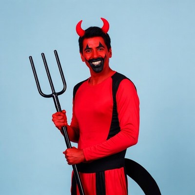 Man in devil costume with pitchfork