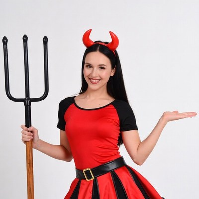 Woman in red devil costume with pitchfork