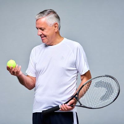 Senior man holding tennis ball and racket
