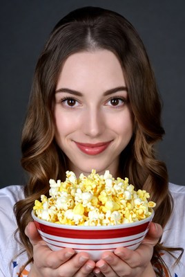 Woman holding bowl of popcorn