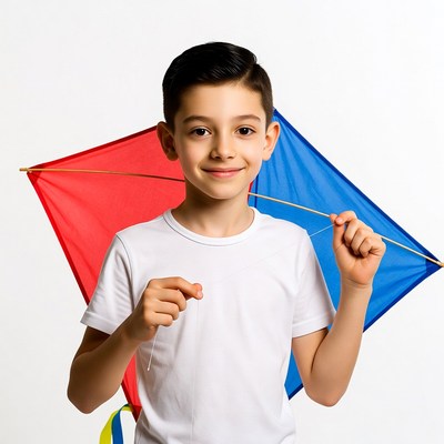 Boy holding red blue kite